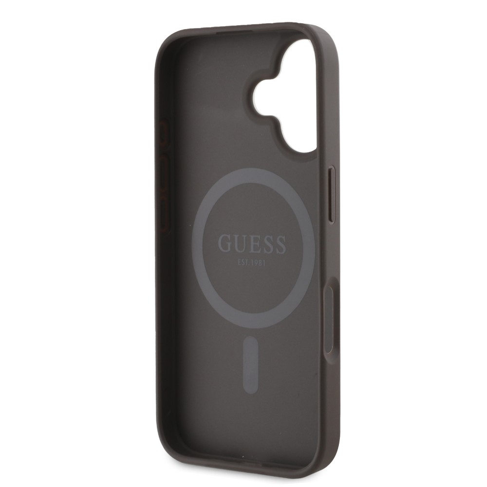 iPhone 16 Case H&uuml;lle - Guess Monogramm Kunstleder mit integriertem MagSafe und goldenem Logo - Braun