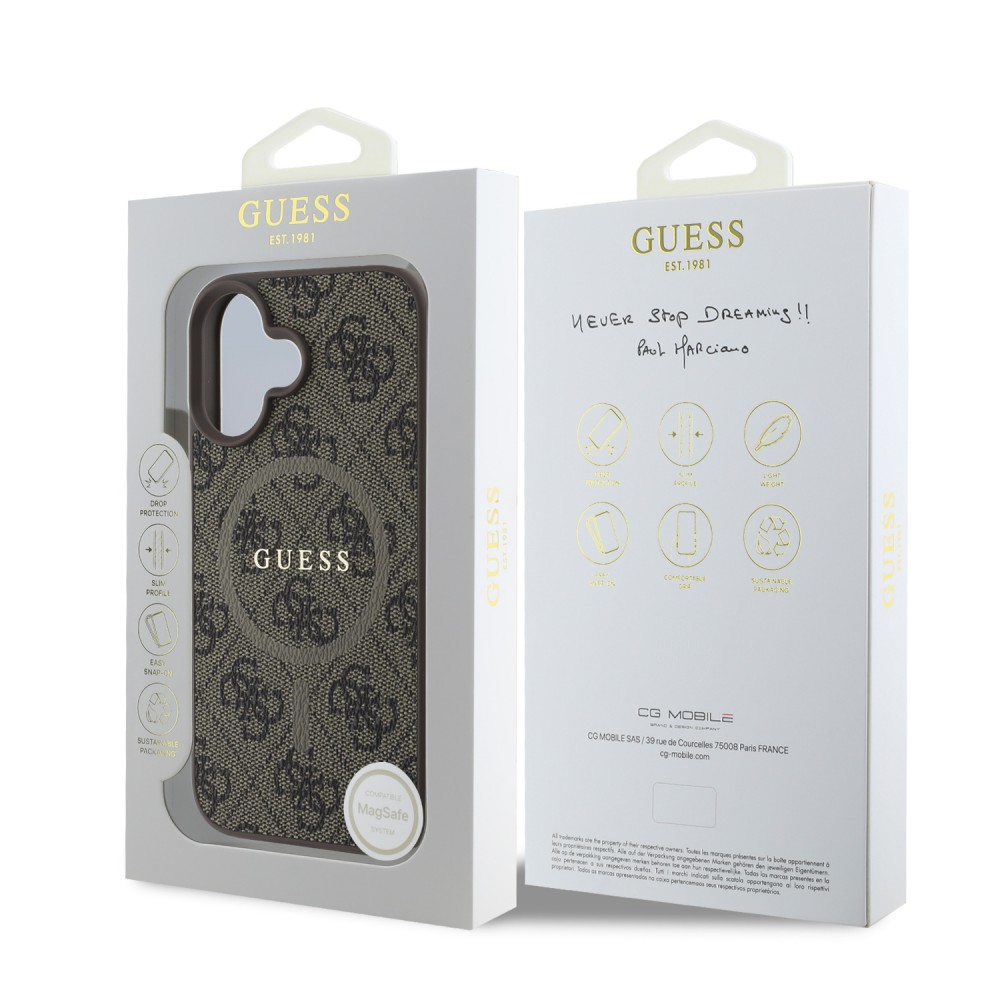 iPhone 16 Case H&uuml;lle - Guess Monogramm Kunstleder mit integriertem MagSafe und goldenem Logo - Braun