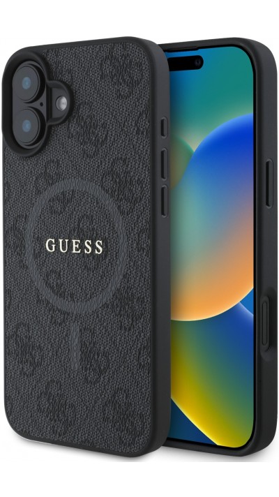 Coque iPhone 16 - Guess monogramme similicuir avec MagSafe intégré et logo doré - Noir