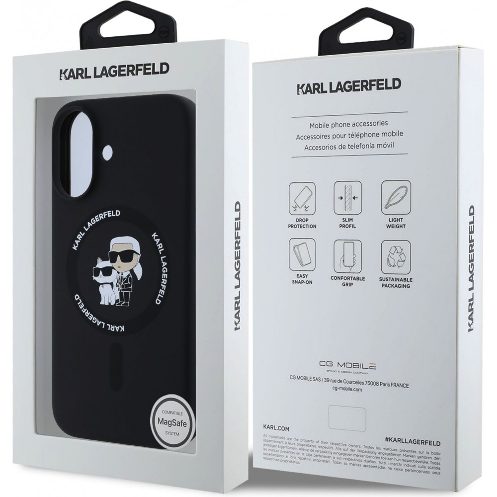 iPhone 16 Case Hülle - Karl Lagerfeld und Choupette soft touch mit MagSafe - Schwarz