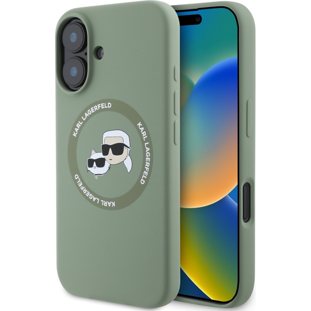 Coque iPhone 16 - Karl Lagerfeld et Choupette soft touch avec MagSafe - Vert foncé