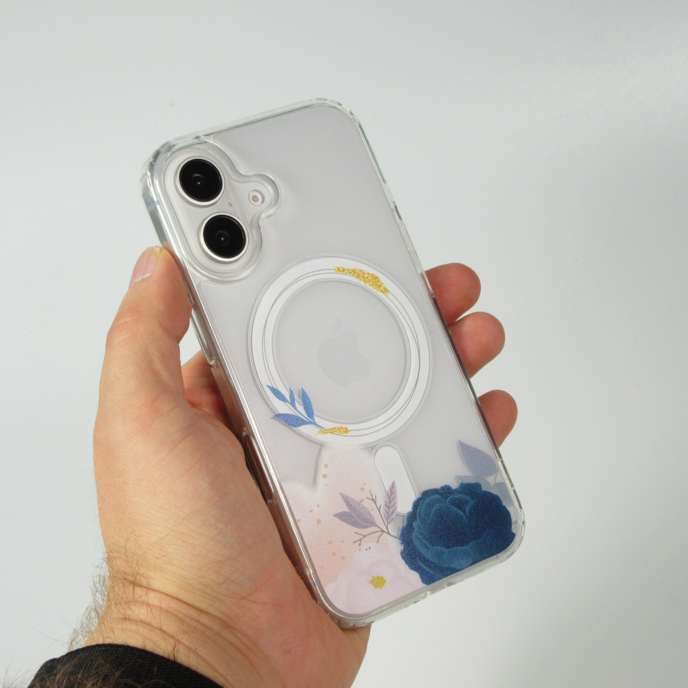 Coque iPhone 16 Plus - Gel silicone rigide avec MagSafe rose bleue - Transparent