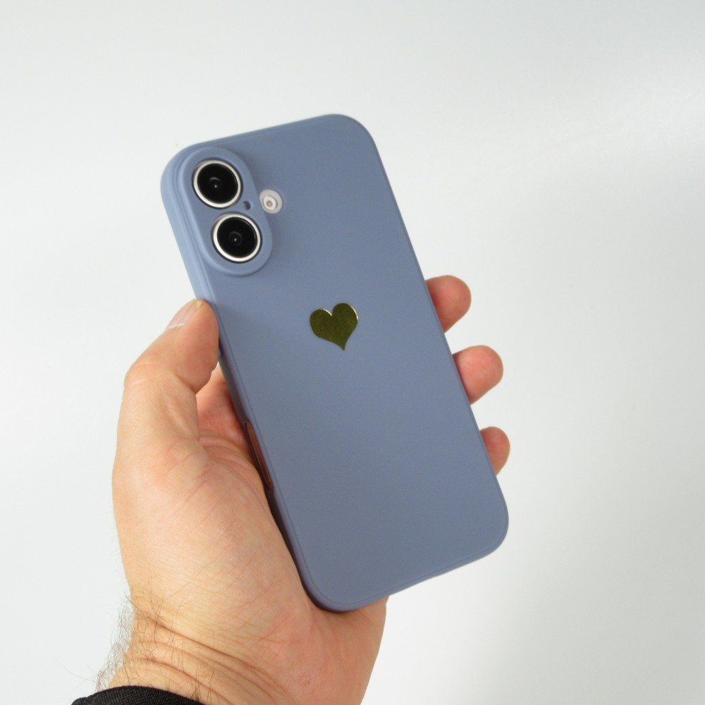 Coque iPhone 16 Plus - Silicone Mat Coeur doré - Bleu