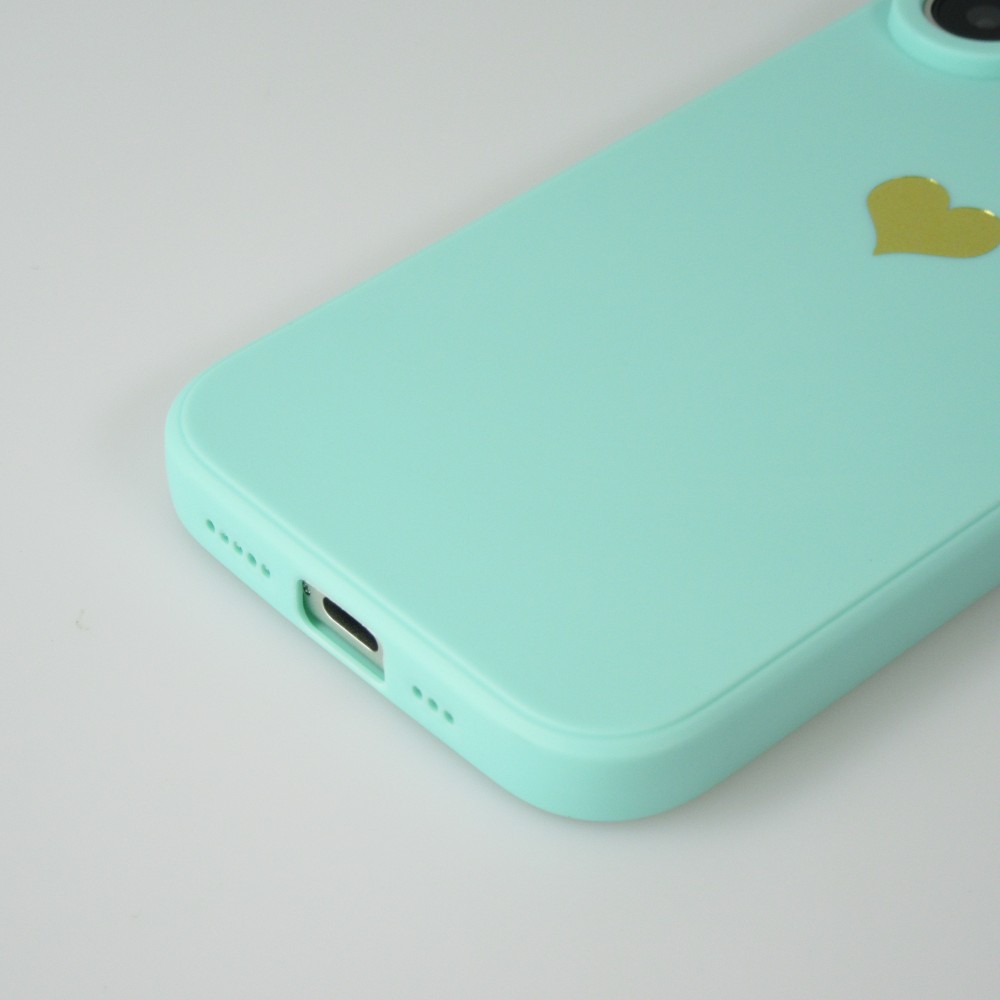 Coque iPhone 16 Plus - Silicone Mat Coeur doré - Turquoise