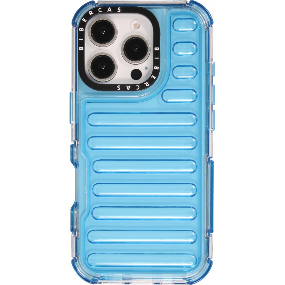 Coque iPhone 16 Pro - Couverture en silicone dur transparente avec effet Bulp 3D et coins renforc&eacute;s - Bleu