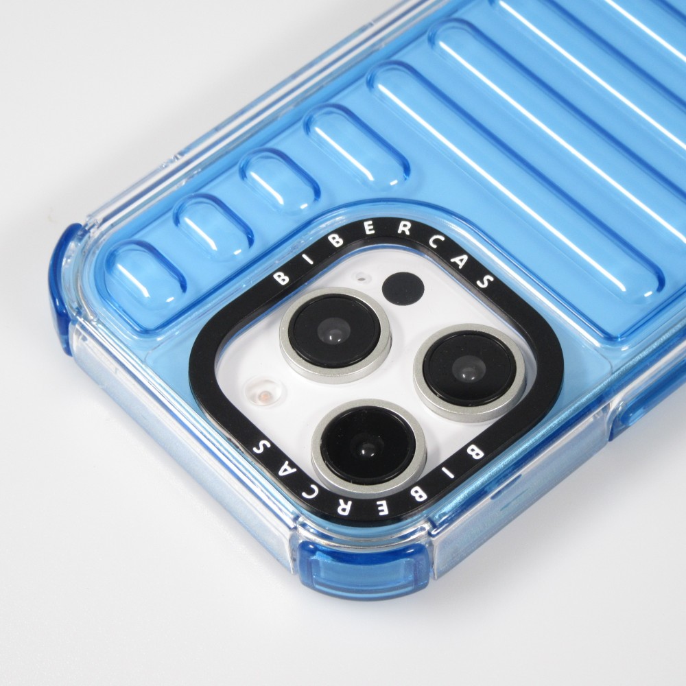 Coque iPhone 16 Pro - Couverture en silicone dur transparente avec effet Bulp 3D et coins renforc&eacute;s - Bleu