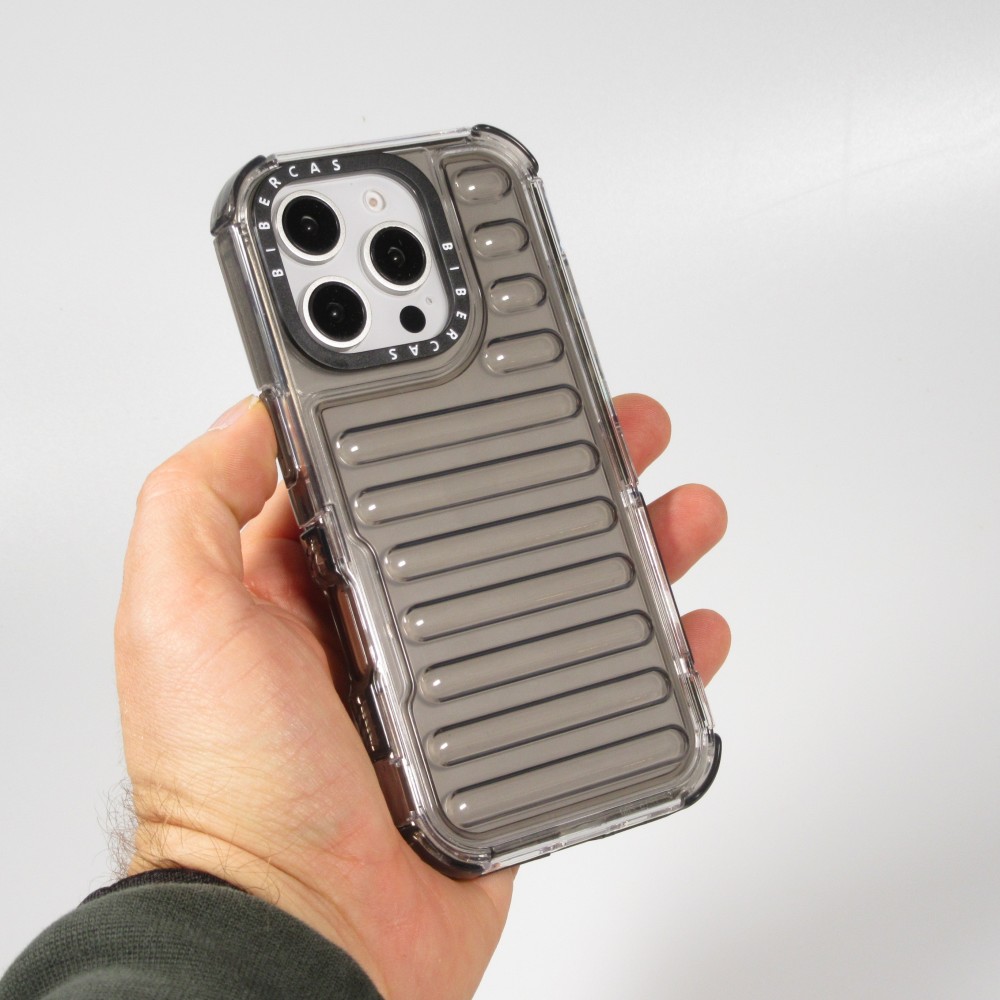 Coque iPhone 16 Pro - Couverture en silicone dur transparente avec effet Bulp 3D et coins renforc&eacute;s - Gris