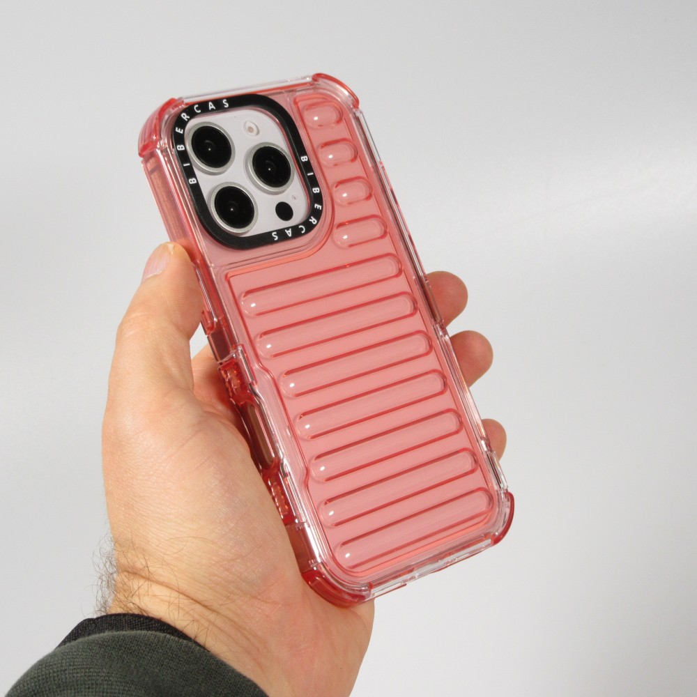 Coque iPhone 16 Pro - Couverture en silicone dur transparente avec effet Bulp 3D et coins renforc&eacute;s - Rouge