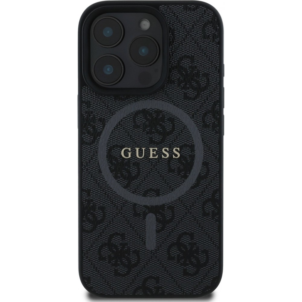 iPhone 16 Pro Case H&uuml;lle - Guess Monogramm Kunstleder mit integriertem Magsafe - Schwarz