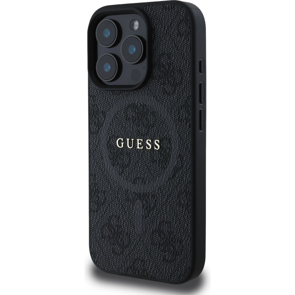 iPhone 16 Pro Case H&uuml;lle - Guess Monogramm Kunstleder mit integriertem Magsafe - Schwarz
