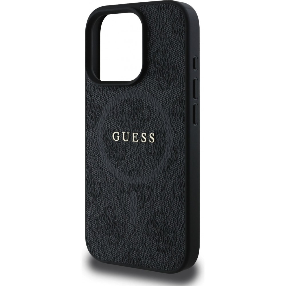iPhone 16 Pro Case H&uuml;lle - Guess Monogramm Kunstleder mit integriertem Magsafe - Schwarz