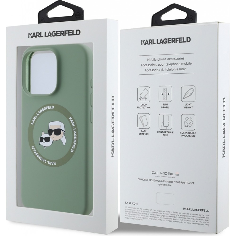 Coque iPhone 16 Pro Max - Karl Lagerfeld et Choupette soft touch avec MagSafe - Vert foncé