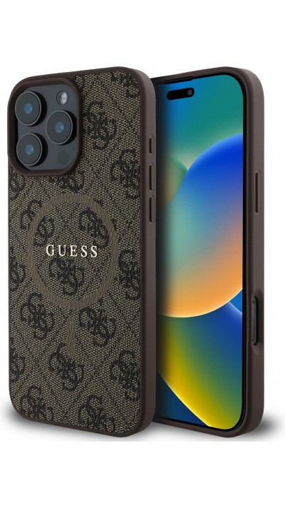 Coque iPhone 16 Pro Max - Guess monogramme similicuir avec MagSafe intégré - Brun
