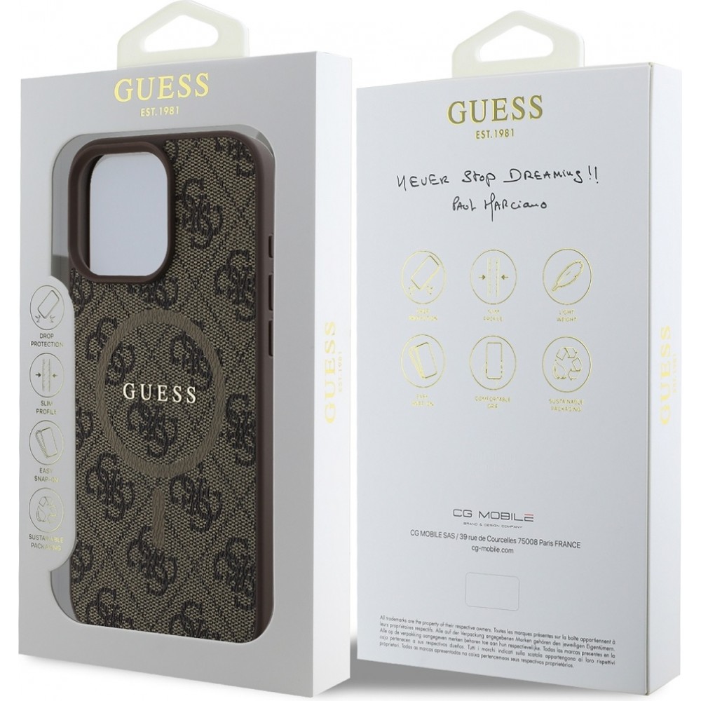 Coque iPhone 16 Pro Max - Guess monogramme similicuir avec MagSafe intégré - Brun