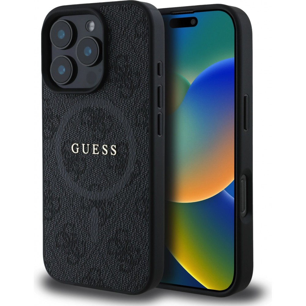 Coque iPhone 16 Pro Max - Guess monogramme similicuir avec MagSafe int&eacute;gr&eacute; - Noir
