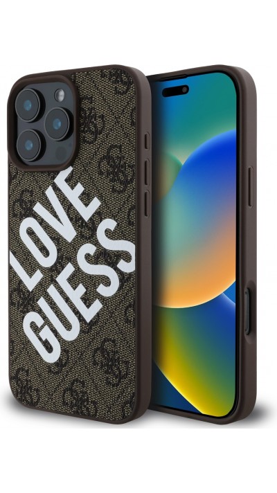 iPhone 16 Pro Max Case Hülle - Guess Monogramm Kunstleder mit Love Guess Street Style Logo und integriertem MagSafe - Braun