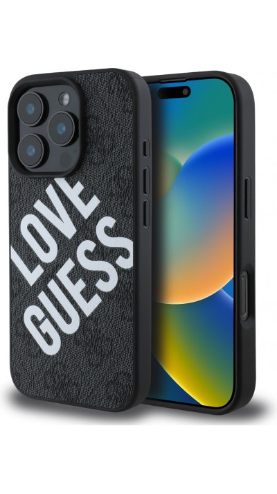 Coque iPhone 16 Pro Max - Guess monogramme similicuir avec logo Love Guess street style et MagSafe intégré - Noir