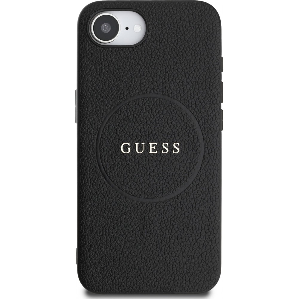 iPhone 16e Case H&uuml;lle - Guess Classic Logo MagSafe aus genarbtem Leder - Schwarz