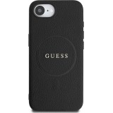 iPhone 16e Case H&uuml;lle - Guess Classic Logo MagSafe aus genarbtem Leder - Schwarz