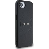 iPhone 16e Case H&uuml;lle - Guess Classic Logo MagSafe aus genarbtem Leder - Schwarz