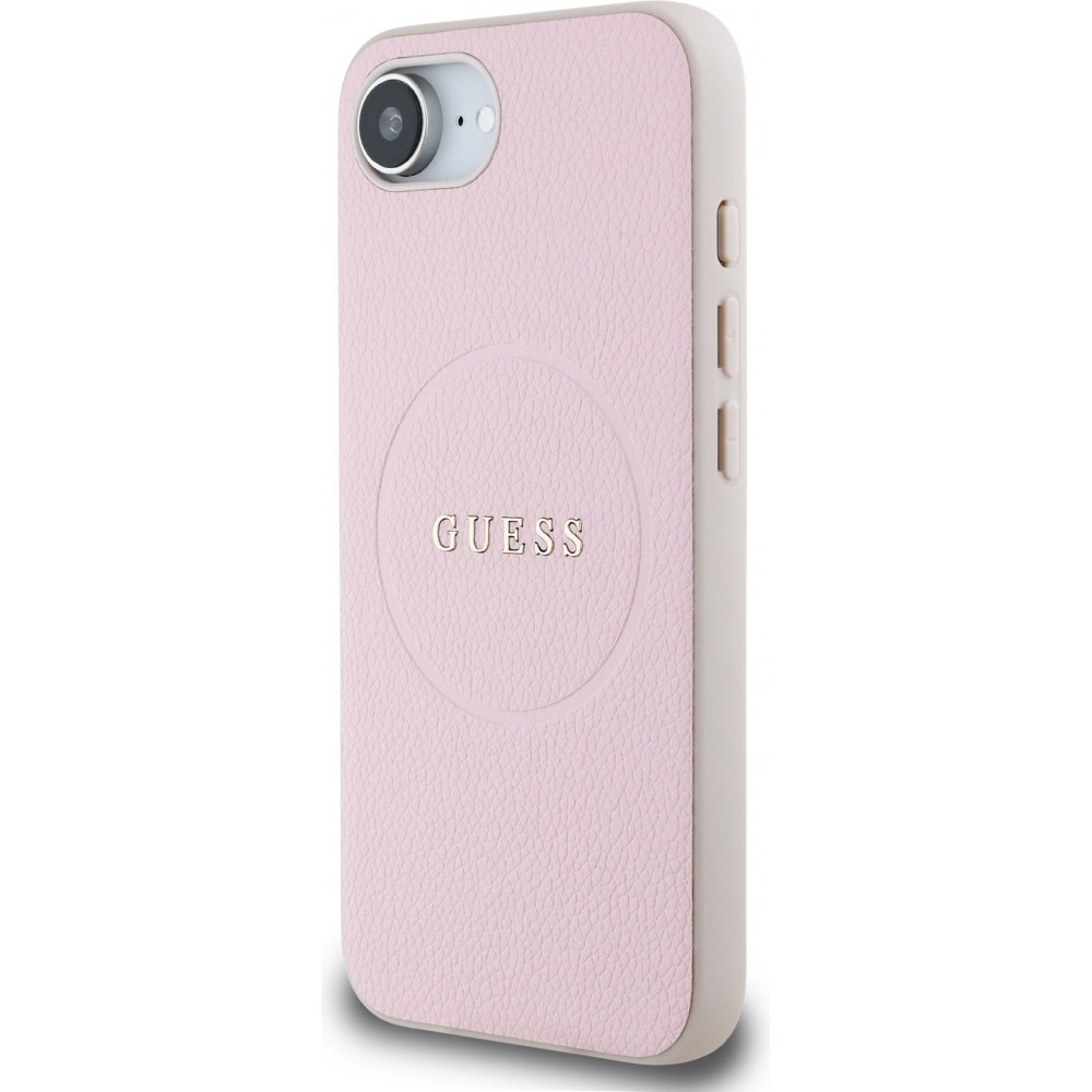 Coque iPhone 16e - Guess MagSafe classique logo PU grainé - Rose