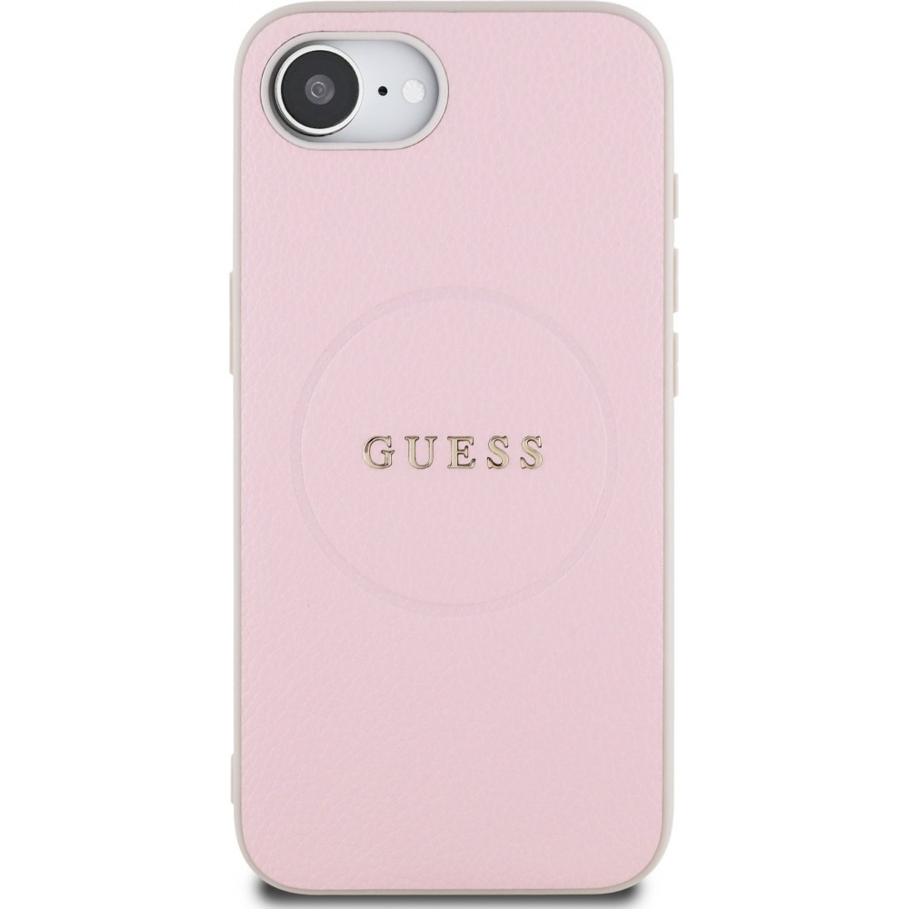 Coque iPhone 16e - Guess MagSafe classique logo PU grainé - Rose