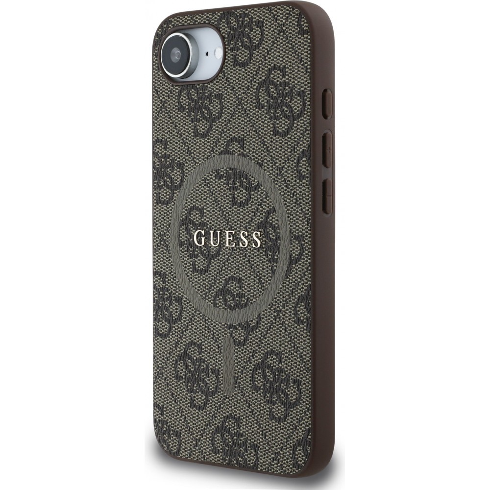 Coque iPhone 16e - Guess monogramme similicuir avec MagSafe int&eacute;gr&eacute; - Brun