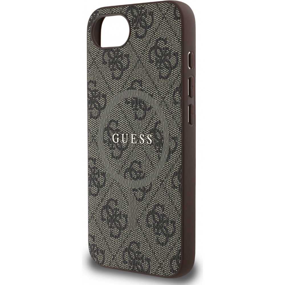Coque iPhone 16e - Guess monogramme similicuir avec MagSafe int&eacute;gr&eacute; - Brun