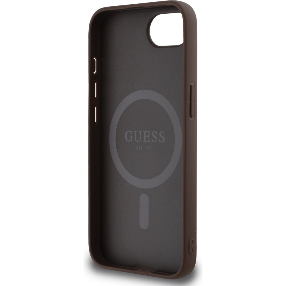 Coque iPhone 16e - Guess monogramme similicuir avec MagSafe int&eacute;gr&eacute; - Brun