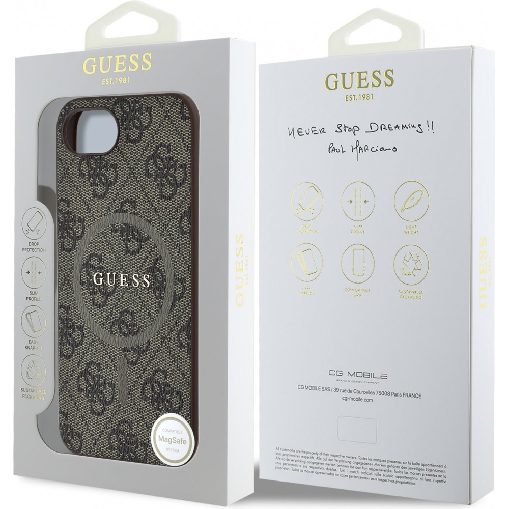 Coque iPhone 16e - Guess monogramme similicuir avec MagSafe int&eacute;gr&eacute; - Brun