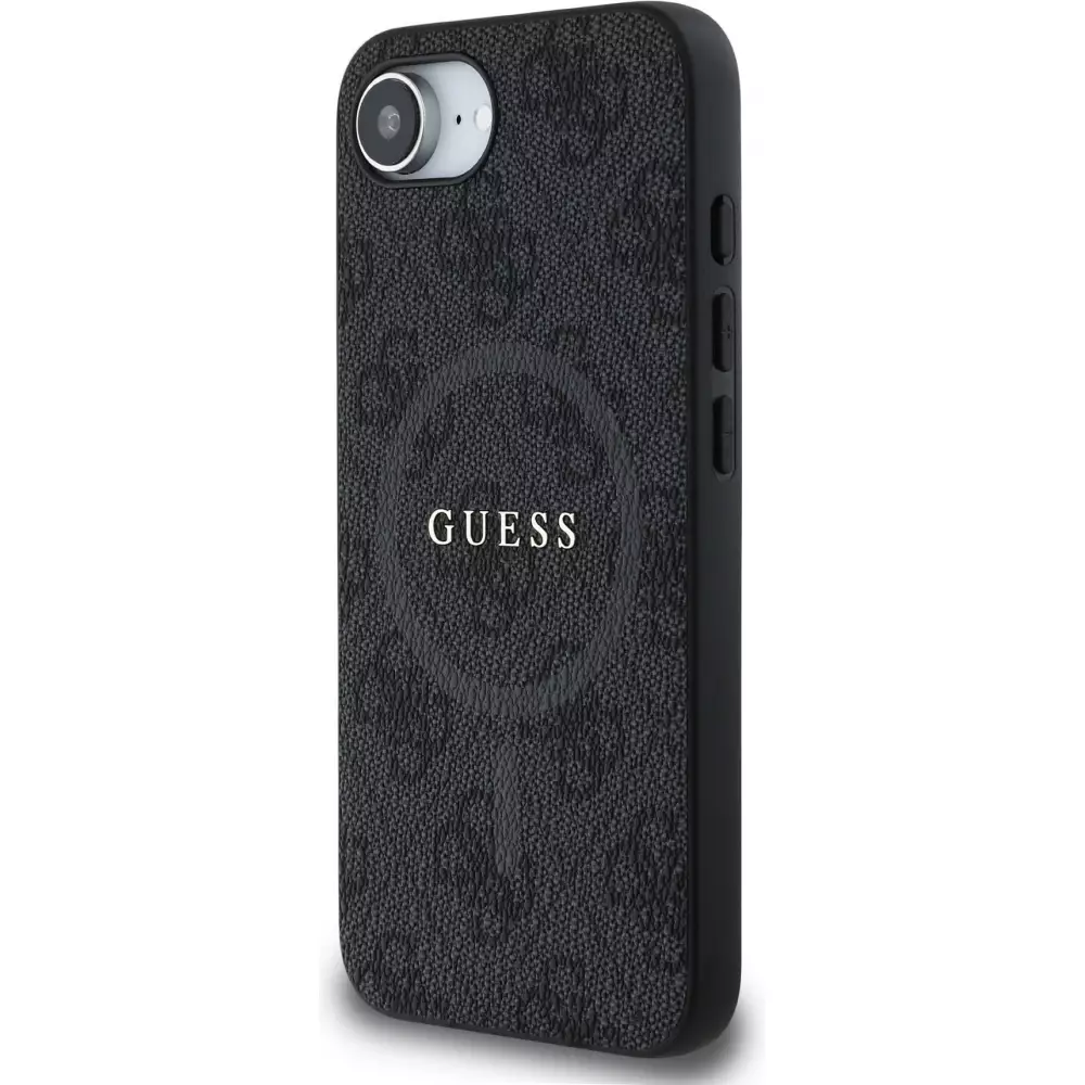 Coque iPhone 17e / 16e - Guess monogramme similicuir avec MagSafe intégré et logo doré - Noir