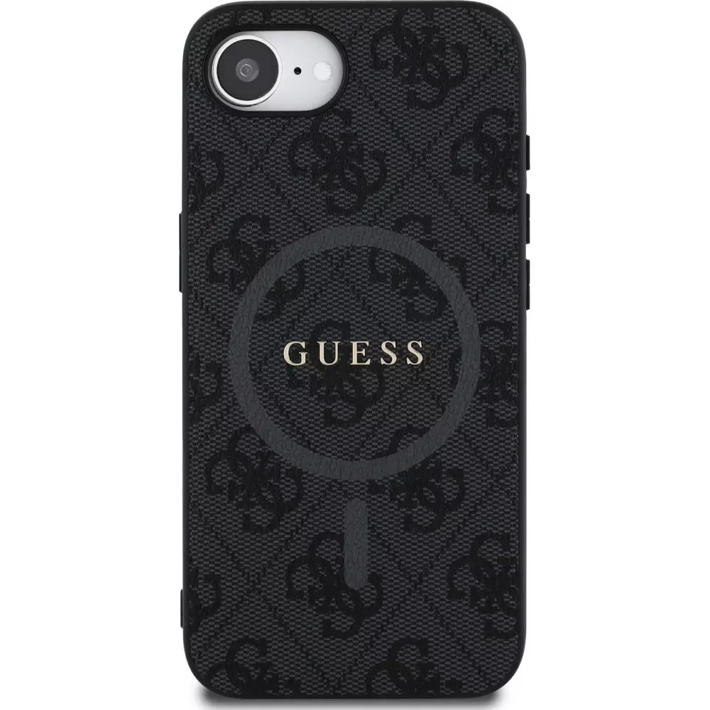 Coque iPhone 17e / 16e - Guess monogramme similicuir avec MagSafe intégré et logo doré - Noir
