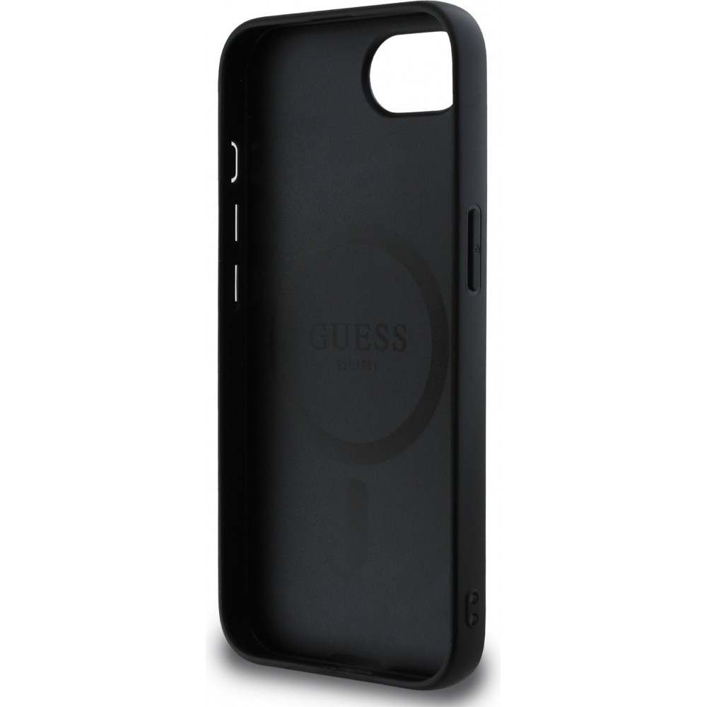 Coque iPhone 17e / 16e - Guess monogramme similicuir avec MagSafe intégré et logo doré - Noir