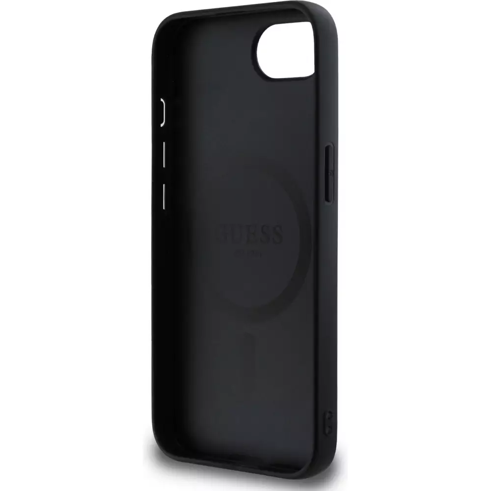 Coque iPhone 17e / 16e - Guess monogramme similicuir avec MagSafe intégré et logo doré - Noir