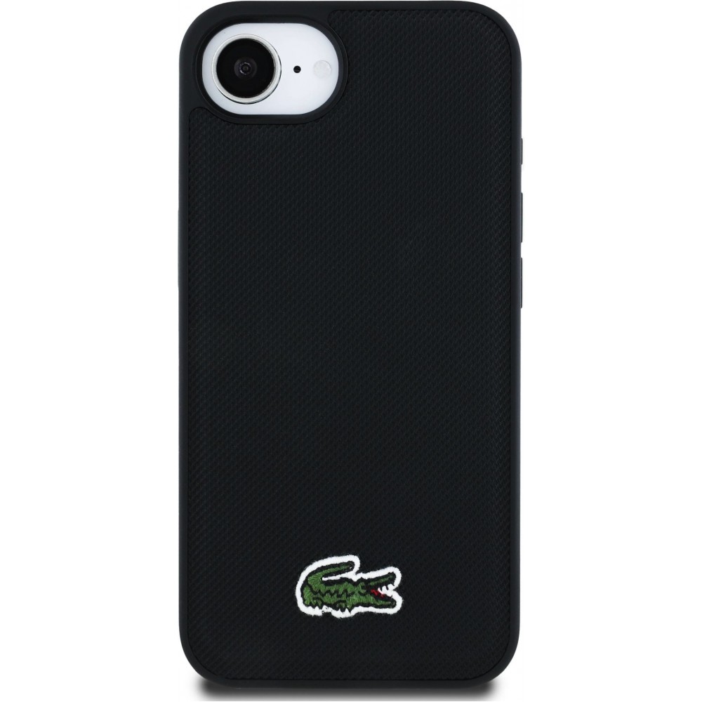 Coque iPhone 16e - Lacoste effet Petit Piqué avec MagSafe et patch logo brodé - Noir