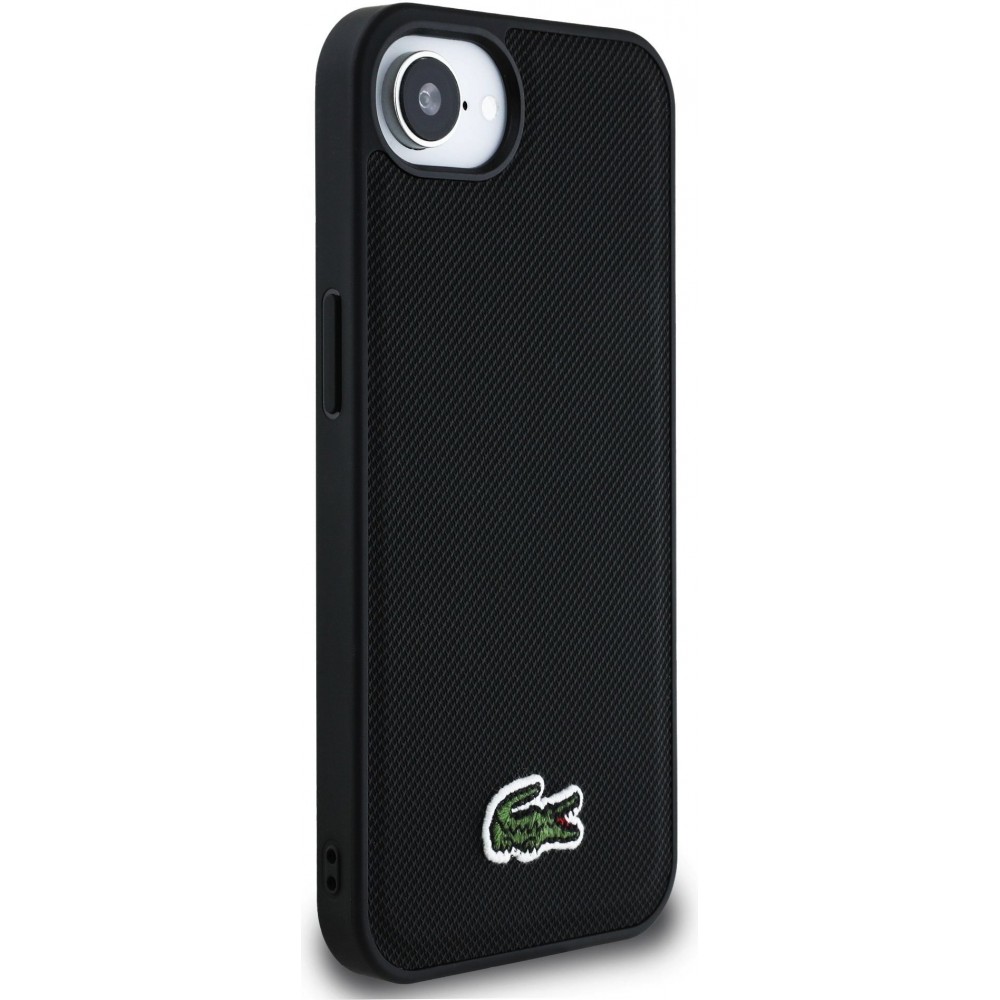 Coque iPhone 16e - Lacoste effet Petit Piqué avec MagSafe et patch logo brodé - Noir