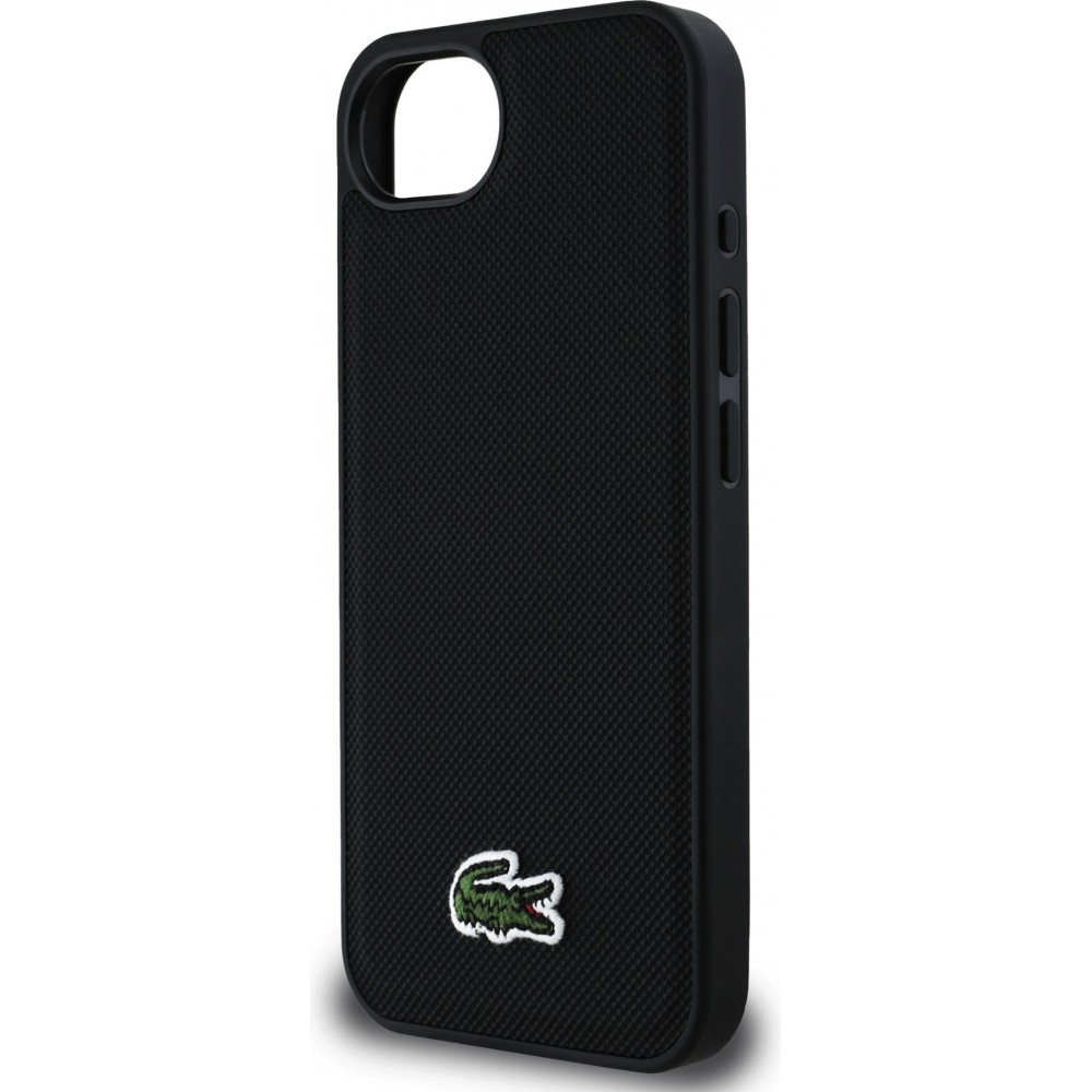 Coque iPhone 16e - Lacoste effet Petit Piqué avec MagSafe et patch logo brodé - Noir