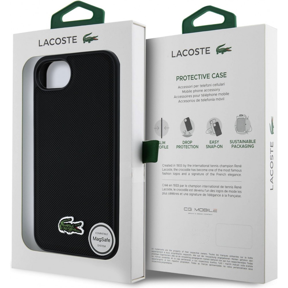 Coque iPhone 16e - Lacoste effet Petit Piqué avec MagSafe et patch logo brodé - Noir