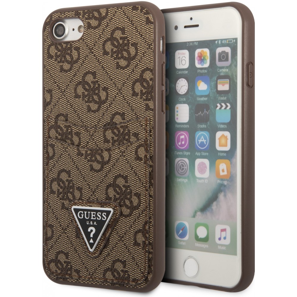 Coque iPhone 7 / 8 / SE (2020, 2022) - Guess toile similicuir avec porte-cartes intégré et logo métallique doré en relief - Brun