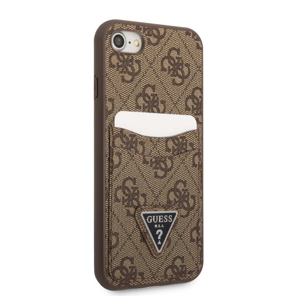 Coque iPhone 7 / 8 / SE (2020, 2022) - Guess toile similicuir avec porte-cartes intégré et logo métallique doré en relief - Brun