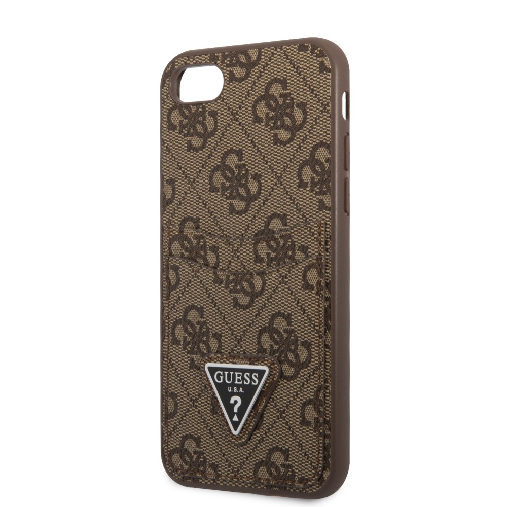 Coque iPhone 7 / 8 / SE (2020, 2022) - Guess toile similicuir avec porte-cartes intégré et logo métallique doré en relief - Brun