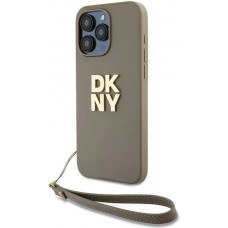 Coque iPhone 15 Pro Max - DKNY avec bracelet d&eacute;tachable et logo dor&eacute; - Beige