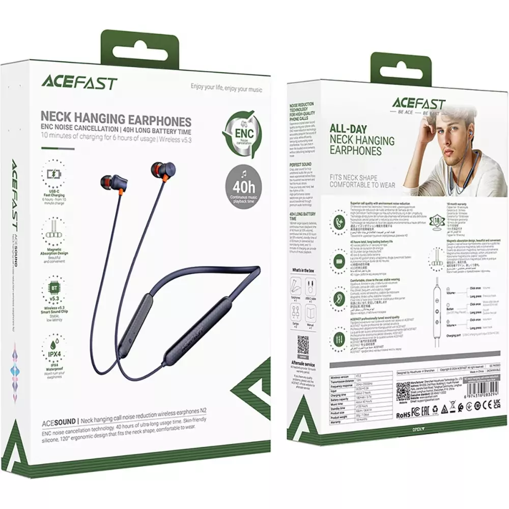 Acefast N2 Bluetooth 5.3 Kabellose Neckband Kopfhörer mit ENC Geräuschunterdrückung und Silikon-Ohrstöpseln - Blau