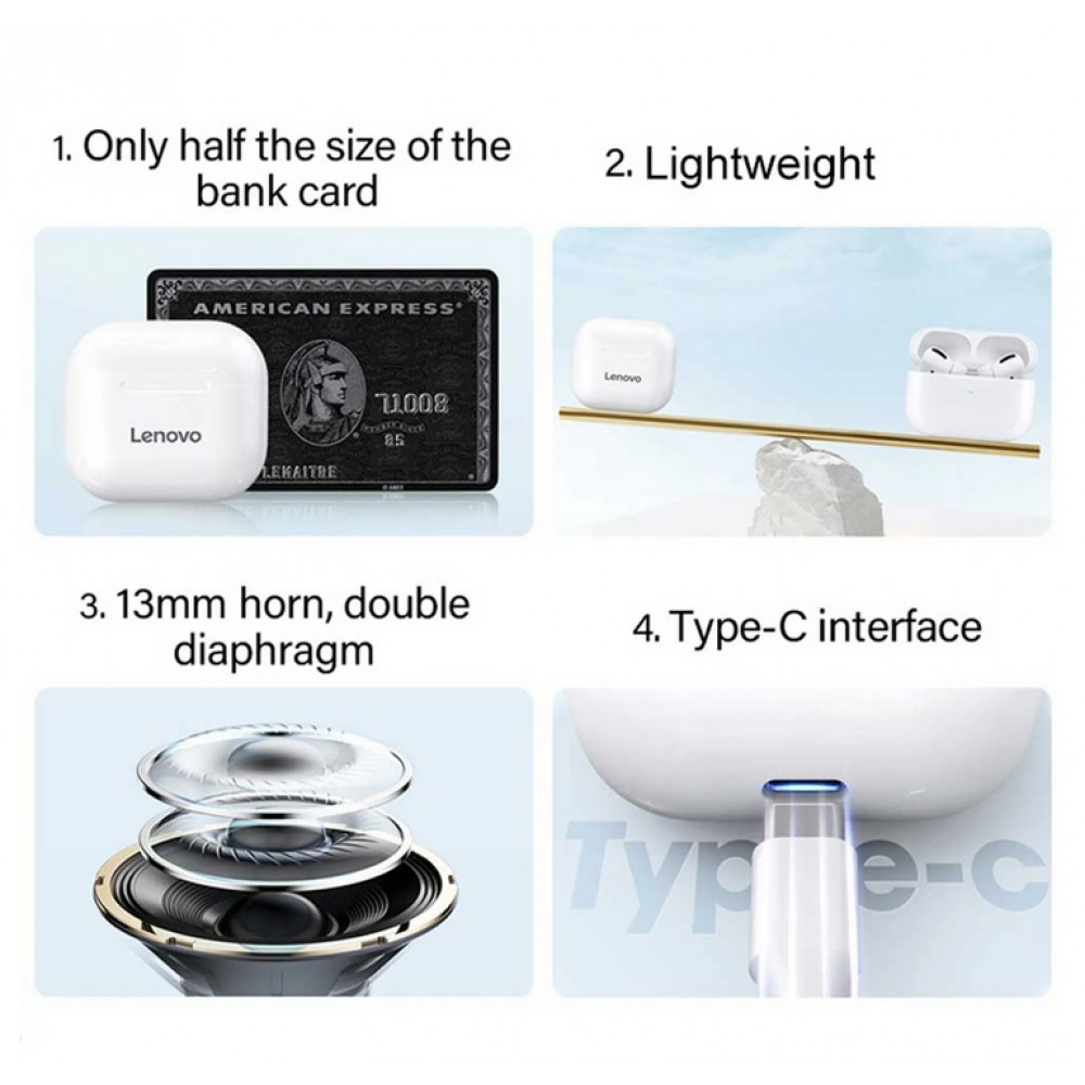 Ecouteurs Lenovo LivePods LP40 sans fil Bluetooth 5.0 wireless earbuds avec USB-C & HD Voice Call - Noir