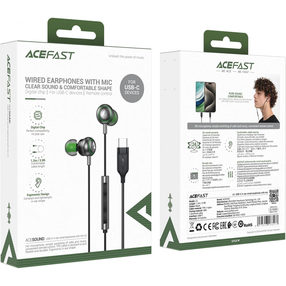 Écouteurs intra-auriculaires filaires USB-C 1.2m Acefast L5 avec embouts en silicone - Noir