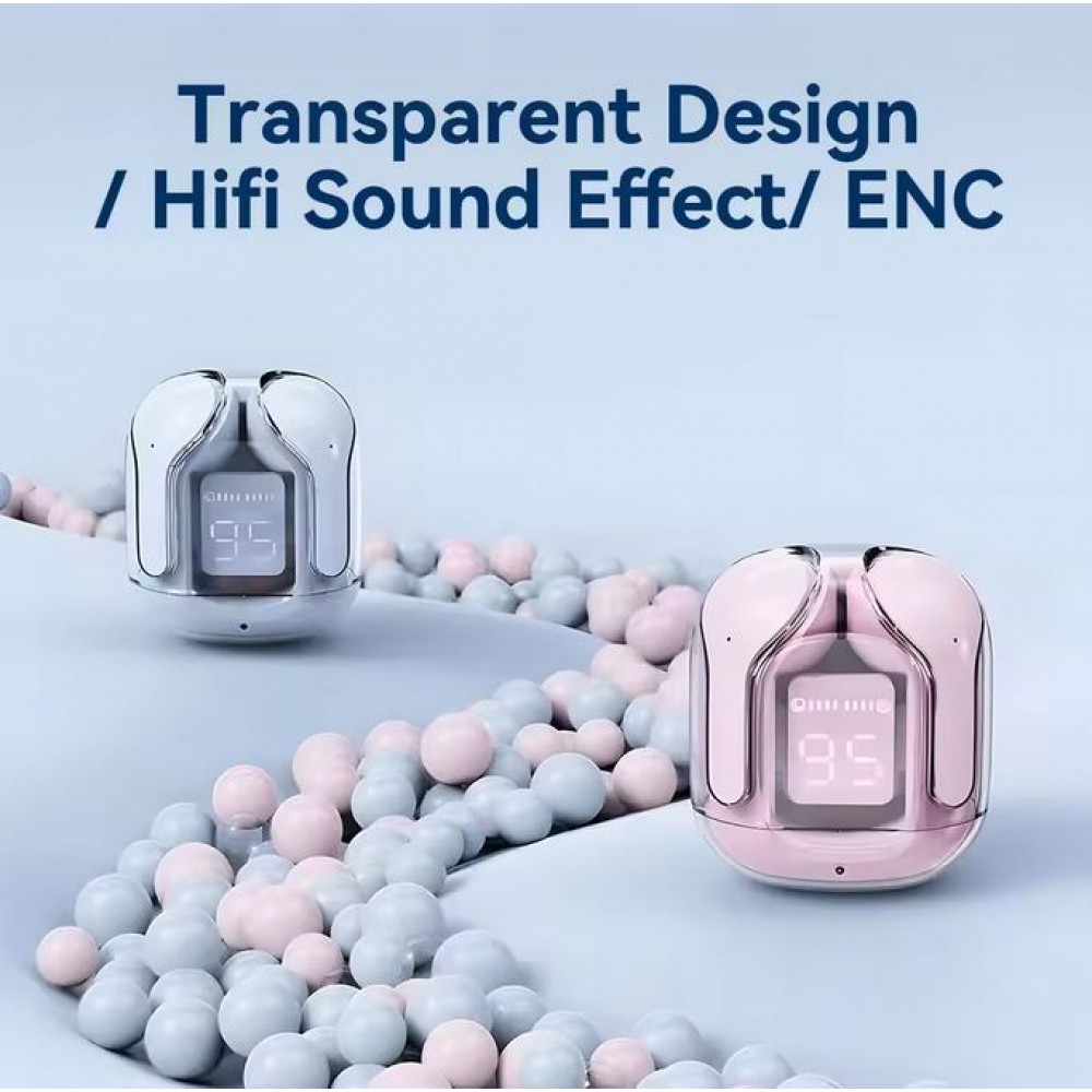 Ecouteurs sans fil Bluetooth 5.3 Crystal Pods TWS In-Ear transparents + affichage LED - Blanc