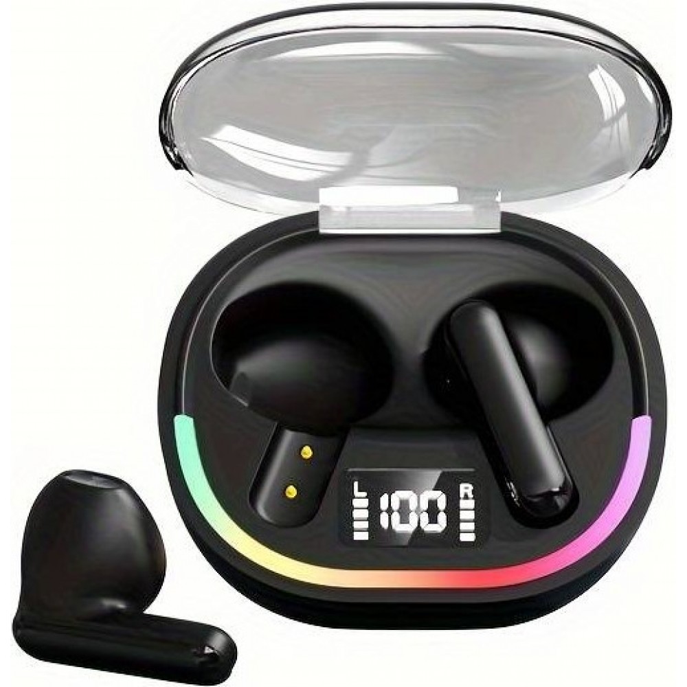 Ecouteurs sans fil TWS avec éclairage ambiant + contrôle tactile + affichage LED batterie individuels - Noir