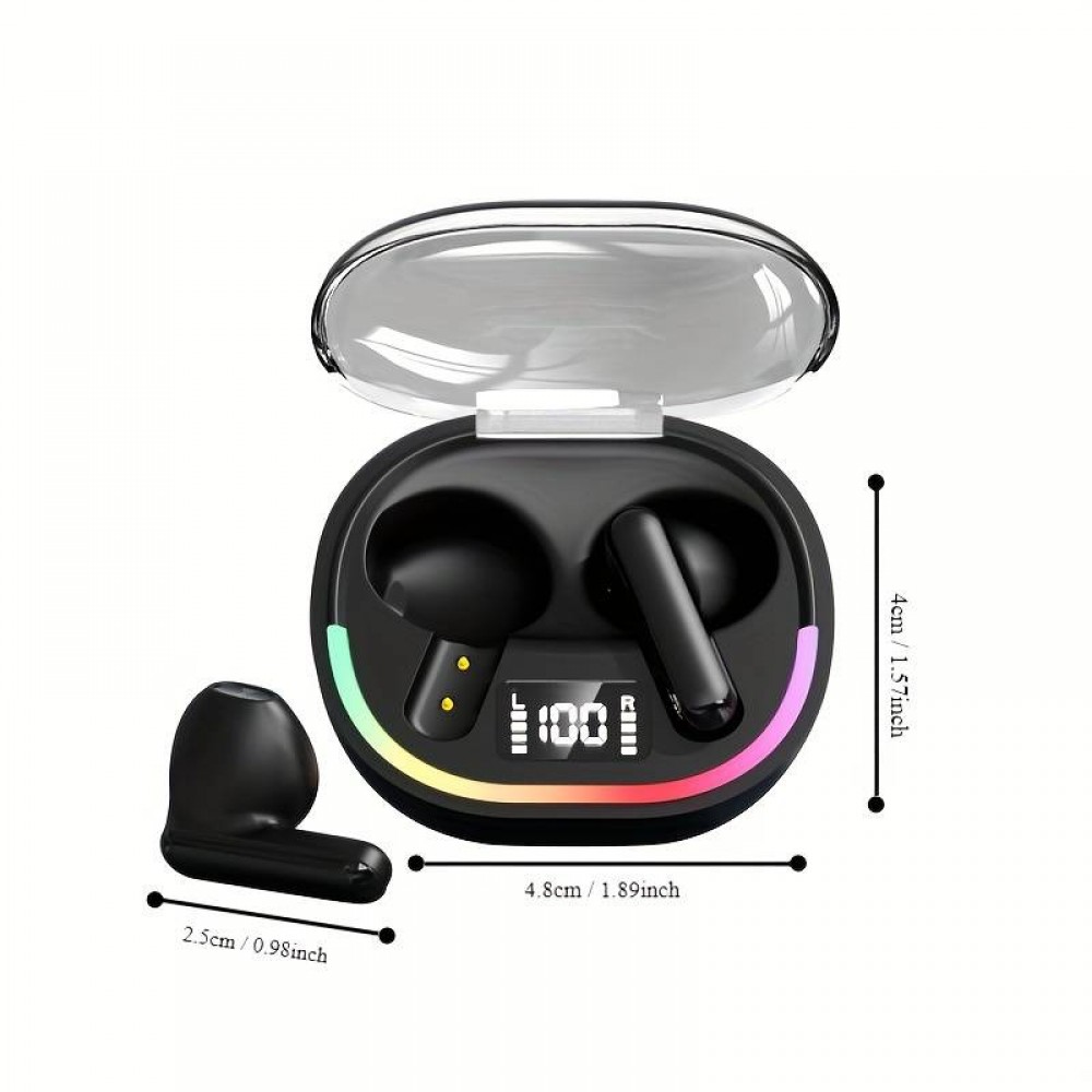 Ecouteurs sans fil TWS avec éclairage ambiant + contrôle tactile + affichage LED batterie individuels - Noir
