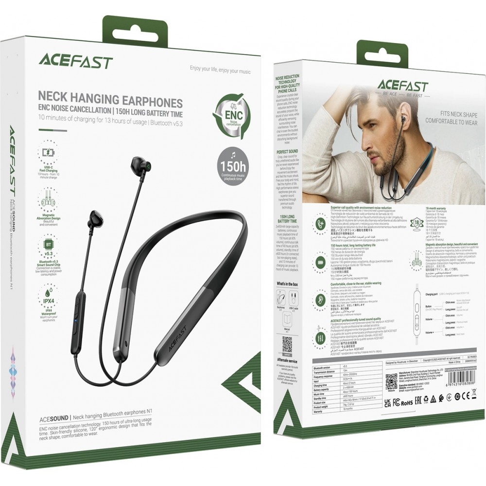 Écouteurs tour de cou sans fil Acefast N1 intra-auriculaires avec câble de recharge USB-C - Noir