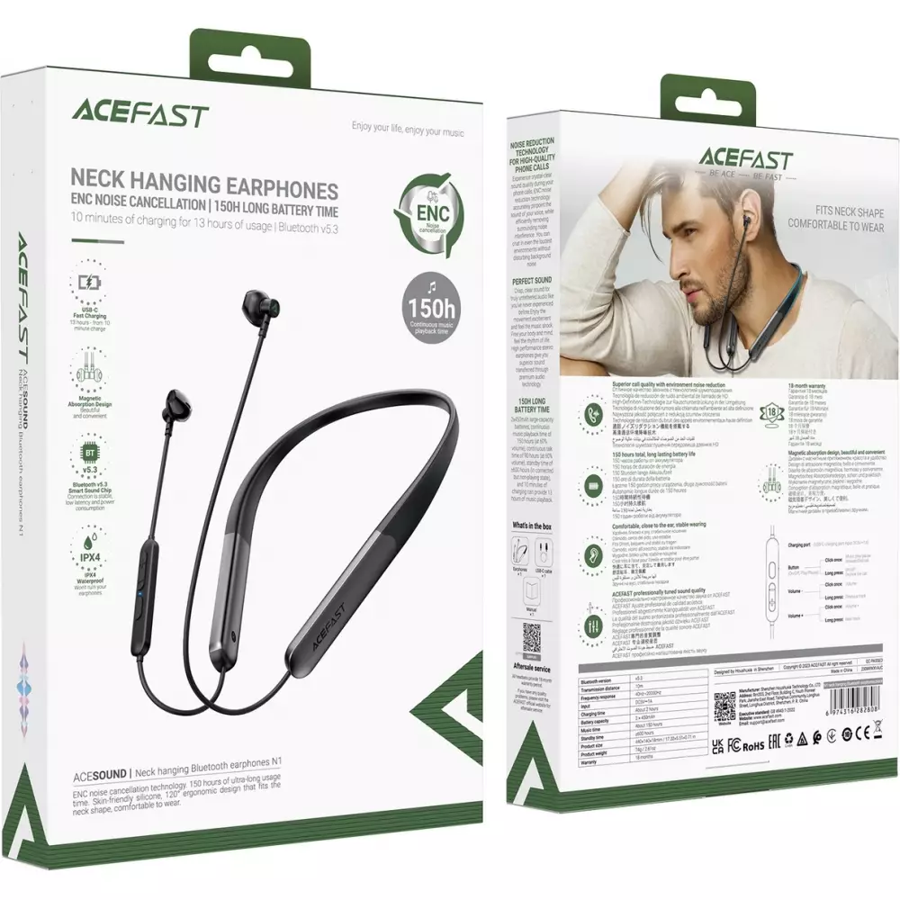 Acefast N1 Halsband Kabellose In-Ear Kopfhörer mit USB-C Ladekabel - Schwarz